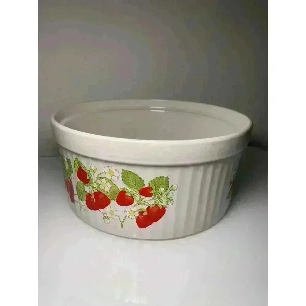 Vintage 1985 Action Strawberry Round Souffle Baking Souffle Dish Stoneware